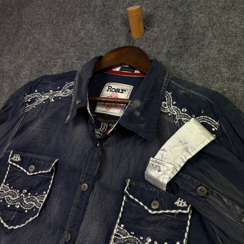 Roar Button Down Shirt Womens XL Blue Embroidered Rhinestone Western WW50207